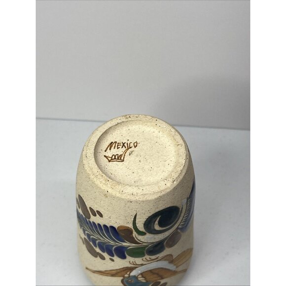 Mexican Tonala Art Pottery Vase Hand Painted Bird Ceramic Sandstone Folk Art - Picture 7 of 8